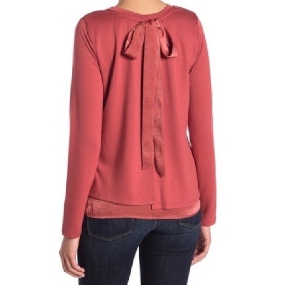 Bobeau Satin Back Bow Long Sleeve Pullover